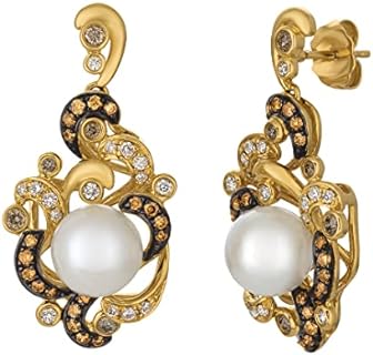 14k Yellow Gold Le Vian Push Back Earrings with 3/4 Carat Chocolate Diamond & Fresh Water Pearl for Women - Dangle Drop Design