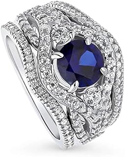 Berricle Sterling Silver 3-Stone Halo Engagement Ring with Cubic Zirconia Round Cut Design and Blue Sapphire Accent in Rhodium Plating, Size 4-10