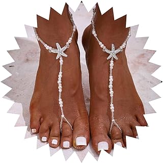 Lobster Claw Clasp Wedding Anklets - Ursumy Pearl Barefoot Sandals, Starfish Beach Style - Bridal Ankle Chain for Women and Girls, 2pcs Set