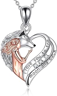 Sterling Silver Wolf and Girl Heart Pendant Necklace with Rolo Chain – Two-Tone YAFEINI Jewelry for Women and Teens