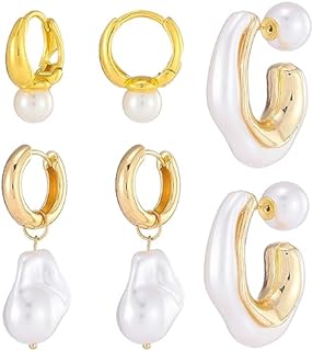 Set of 3 Versatile Pearl Earrings - Elegantly Designed with Copper Huggie, Hoop & Dangle Styles for Women and Girls