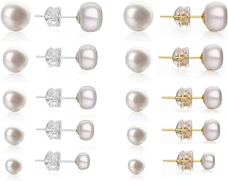 925 Sterling Silver & Cultured Pearl Stud Earrings Set with Cubic Zirconia, Hypoallergenic Push Back, for Men and Women