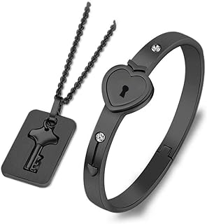 SONGCHANGJEWELRY Lock Bracelet and Key Necklace - Titanium Steel Couples Jewelry, Romantic Gift for Valentines Day, Birthday, Christmas, Wedding, Anniversary (black heart lock bracelet)