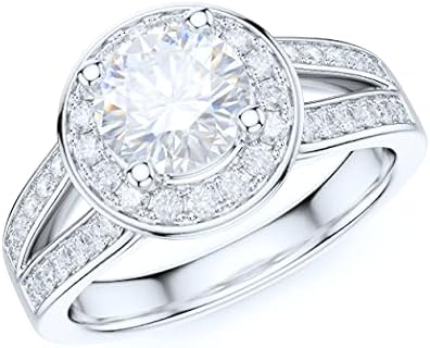 Sterling Silver Split Shank 1CT Simulated Round Brilliant Cut Diamond or Moissanite Halo Promise Engagement Ring