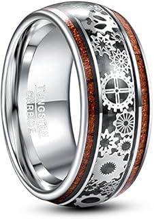 Koa Wood Inlay Steampunk Gear Wheel Tungsten Wedding Band - Suitable for Men & Women, Domed & Polished Comfort Fit, Sizes 7-14 - Blend of Elegance and Innovation, Durable Scratch-Resistant Material