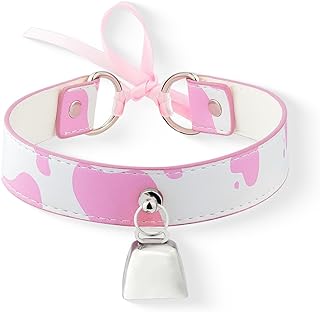 Box Clasp Cow Bell Choker Necklace - Pink Pastel Cow Print Design - Cable Chain Faux Leather Accessory for Women, Gothic Punk Style