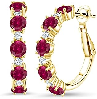 Women's 18K Gold Plated Silver Hoop Earrings with Created Ruby and Zirconia, Lever Back, Round & 1-Inch Diameter Design
