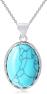 Turquoise Oval Pendant Necklace with Lobster Clasp and Cable Chain for Women and Girls, Fashionable Stainless Steel Gemstone Jewelry