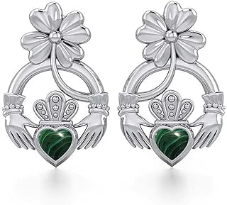 GaelSong Sterling Silver Shamrock on Claddagh Post Earrings with Synthetic Malachite Heart Green Studs Jewelry for Women Birthday Gift