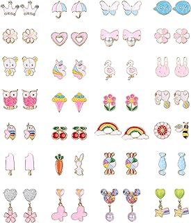 Finrezio 28 Pairs Clip On Earrings for Women Girls Multicolored Non Piercied Earrings Cute Animal Flower Heart Rainbow Clip Earrings Set Age：Over 3 Years Old