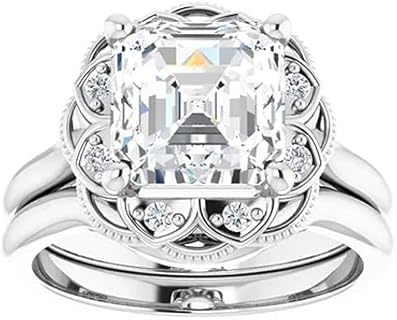 3 CT Asscher Cut Bridal Ring Sets Moissanite VVS Colorless Engagement Ring for Women Her Wedding Gifts Anniversary Promise Rings 925 Sterling Silver Cluster Halo Antique