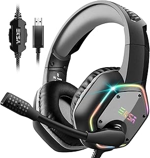 EKSA E1000 USB PC Gaming Headset mit Mikrofon und Bass Surround Sound, RGB Beleuchtung, Größe 250g, mit Geräuschunterdrückung und verstellbarem Stirnband für Gamer auf PC und Konsolen