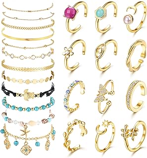 FIASASO 24Pcs Toe Rings and Anklets for Women Silver Gold Plated Toe Rings Layered Ankle Bracelets Evil Eye Open Adjustable Toe Rings for Summer Beach Foot Jewelry