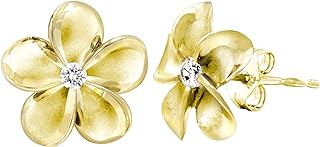 14K Yellow Gold Plated Sterling Silver Plumeria Flower Stud Earrings, 12mm, with Push Back from Honolulu Jewelry Company - Made in USA