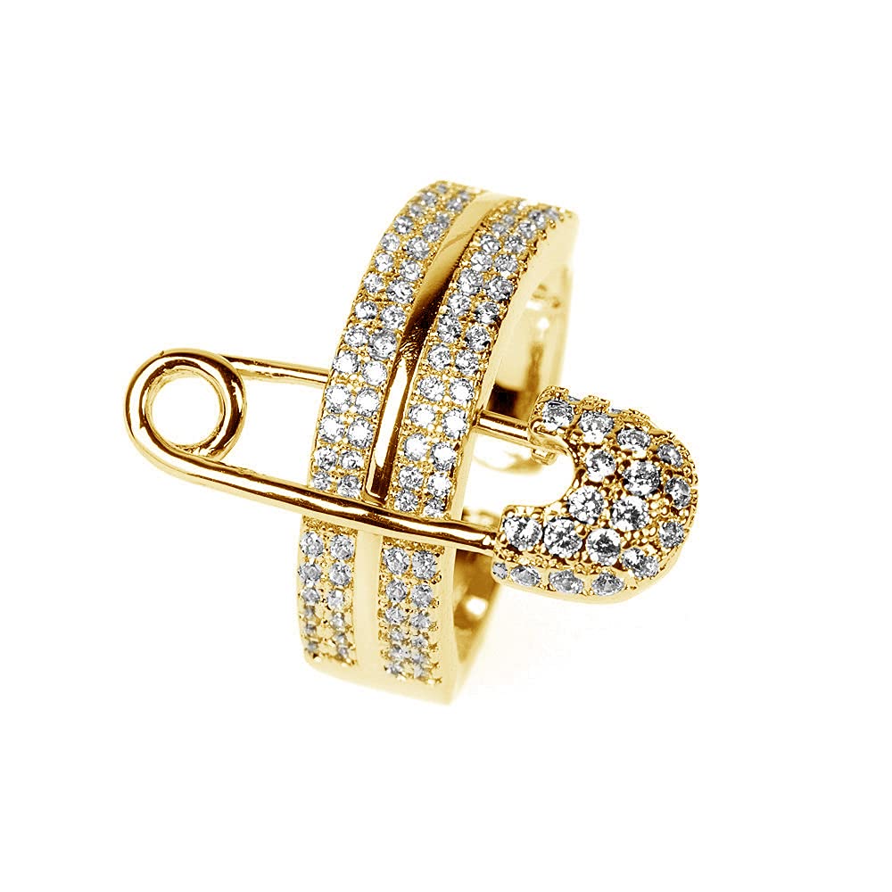 Wide Flat CZ Safety Pin Chunky Open Rings Fashion Cubic Zirconia Paved Expandable Engagement Promise Statement Band Rings 14k Gold Plated Opening Rings for Women Teenage Girls Birthday Party 17mm