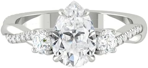Three Stone Pear Moissanite Engagement Ring in White Gold or Sterling Silver, Classic Twisted Design for Future Brides, Customizable Size and Engraving