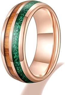 TRUMIUM 8mm Mens Wedding Band Real Malachite & Wood Inlay Tungsten Carbide Rings Rose Gold Engagement Band Beveled Edges Comfort Fit Size 6-13