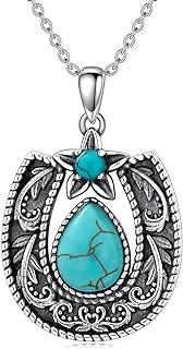 Horseshoe Western Necklace with Genuine Turquoise 925 Sterling Silver Necklace 9 * 7mm Teardrop Turquoise Horseshoe Pendant Necklace with 18+2inch Chain for Women