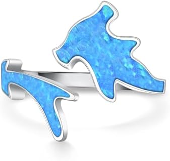Sterling Silver Clasp Type Hammerhead Shark Wedding Ring with Blue Opal Gem for Women, Charming Oceanic Design