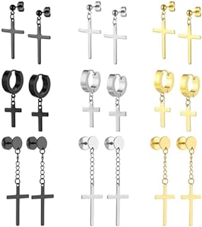 NEWITIN 9-Pair Stainless Steel Hoop Stud Earrings with Push-Back Finding for Men and Women, Hypoallergenic, Cross and Chain Pendant Designs