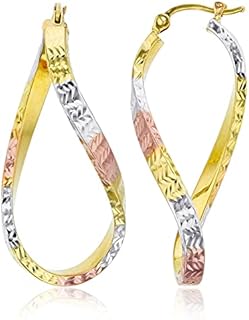 14k Tri Color OR Two Tone Gold Solid S Oval Twisted Diamond Cut Hoop Earrings for Women | 3x40mm Thick | Italian Gold Hoops | Twisted Hoop Earrings | Secure Click-Top | Shiny Polished Earrings, 3x27mm