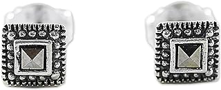 Handcrafted Marcasite Stud Earrings with Sterling Silver Push Back for Women, Square Geometric Design from Thailand