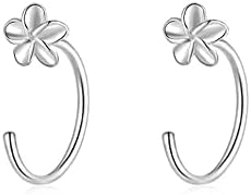 Tiny Flower Small Half Hoop Earrings Sterling Silver 999 Cute Frangipani Flower 20G Cartilage Huggie Hoops Studs Tragus Earring Nose Ring Statement Ear Piercing Hypoallergenic Jewelry Gifts for Women Girls