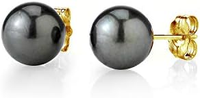14k Yellow Gold Genuine Tahitian Black Pearl Stud Earrings with Push Back for Women - Hypoallergenic, 8.0mm-12.0mm Size, Luxurious Elegance & Timeless Style