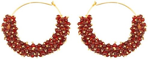 Touchstone Tribal Boho Chic Gold Tone Hoop Earrings with Maroon Beads and Push Back, Made with Alloy and Rhinestones for Women