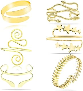 RechicGu 6-Piece Star Cuff Bracelet Set with Snake Chain and Lobster Claw Clasp, Gold-Plated Crystal Armlets for Women, Assorted Leaf and Wide Band Design