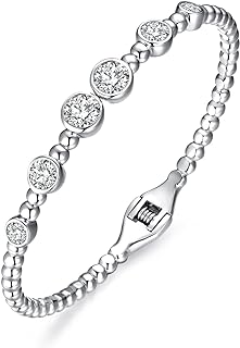 Spring Ring Clasp Cubic Zirconia Bangle Bracelet with Bead Chain - Luxury 14k Gold/Silver Plated Open Cuff Oval Design for Women - Stackable & Adjustable - Ideal Jewelry Gift for Girls.