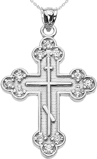 Religious Jewelry 14k White Gold Diamond Eastern Orthodox Cross Pendant Necklace