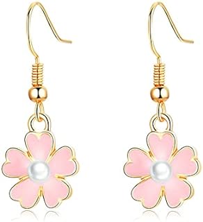 Cute Pink Flower Pearl Small Dangle Drop Earrings for Women Teen Girls Sensitive Ear 14K Gold Plated Plated Boho Tiny Little Charm Hook Dangling Hanging Hypoallergenic Dainty Jewelry Gifts Daughter Her Bff Birthday Xmas Holiday