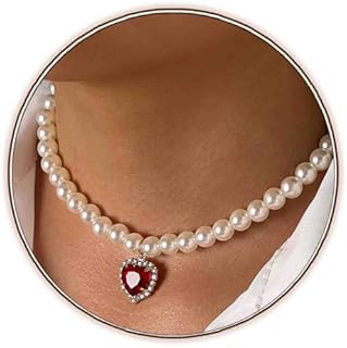 Pearl Choker Necklace Heart Pendant Necklaces Red Crystal Fashion Chain Jewelry for Women and Girls.