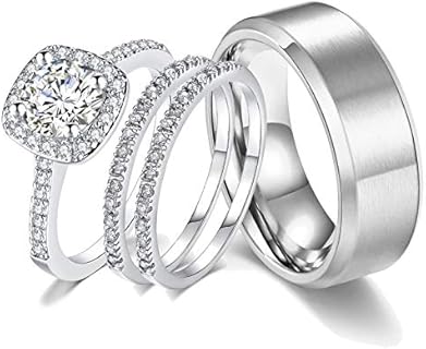 18k White Gold Plated Wedding Ring Sets for Him and Her Womens Mens Titanium Stainless Steel Bands 2Ct Cz Couple Rings