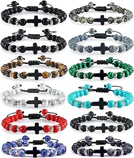 12 Pcs Cross Beads Bracelet for Men Women 8mm Healing Lava Stone Bracelets Tiger Eye Stone Crystal Anxiety Beaded Bracelet Adjustable
