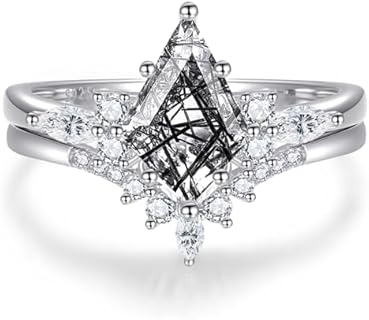 925 Sterling Silver Moss Agate Kite Cut Women's Engagement Ring Set with Black Rutilated Quartz - Size 8