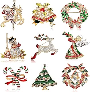 9-Piece Rhinestone Crystal Christmas Brooch Set - Pin Clasp, Amazonite Gem, Perfect Gift for Her - Festive Stainless Steel Design