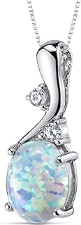 PEORA Created White Fire Opal Wave Pendant Necklace for Women 925 Sterling Silver, 2.50 Carats Oval Shape 10x8mm with 18 inch Chain