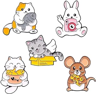 5 Pcs Cartoon Animal Enamel Pin Cute Cat Fish Rabbit Mouse Cute Metal Brooch Fun Alloy Pins Badge Fashion Brooch Pins for Clothes Bag Jacket Backpack Decoration