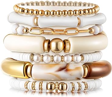 Y1tvei 7Pcs Heishi Surfer Bracelets Set Colorful Preppy Happy Smile Evil Eye Beaded Stretch Clay Stackable Boho Disc Y2K Kidcore Aesthetic Summer Beach Jewelry for Women Girls