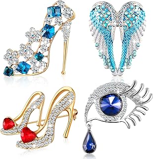 4 Pieces Brooches Pins for Women Rhinestone High Heel Crystal Brooches Princess Shoes Angel Wing Tear for Women Brides Gifts Party Favors Mom's Present
