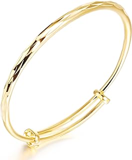 4U 18k Yellow Gold Classical Diamond Cut Adjustable Bangle Bracelet for Women