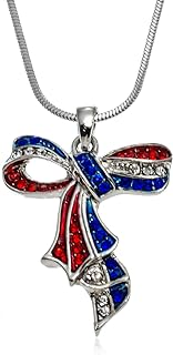 American Flag Ribbon Pendant Necklace with Snake Chain and Lobster Clasp, Gift for Patriotic Women, 17.5 Inches, Red, White, Blue Glass and Enamel Design