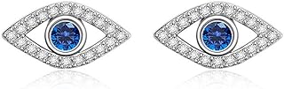 Women's Sterling Silver Stud Evil Eye Earrings with Cubic Zirconia Gems - Chic White Gold Plated Design