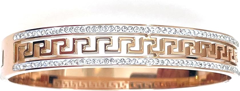 18k Rose Gold Handmade Designer Ancient Greek Meander Lifetime Jewelry Greek Key Pattern Bracelet Eternity Infinity Success Bracelets for women Vermeil 136 Austrian Crystal Diamond Geometric Bangle