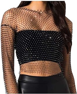 Crystal Embellished Mesh Body Chain Crop Top with Long Sleeves for Women - Edgy Fishnet Design