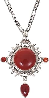 Lobster-clasp Carnelian Pendant Necklace, Rope Chain, Radiant Sun Design for Elegant Women, Handmade in Indonesia from .925 Sterling Silver