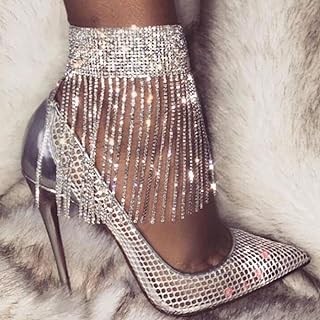 YERTTER 1pcs Wedding Silver Full Rhinestone Anklet Tassel Dangle Bangle Anklet Sparkly Adjustable High Heel Anklet Crystal Anklet Chain Accessories for Women and Girls (Silver 5)