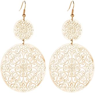 Filigree Disc Drop Earrings for Women Girls Delicate Double Hollow Out Round Disc Statement Earrings Bohemian Metallic Disc Dangle Hook Earrings